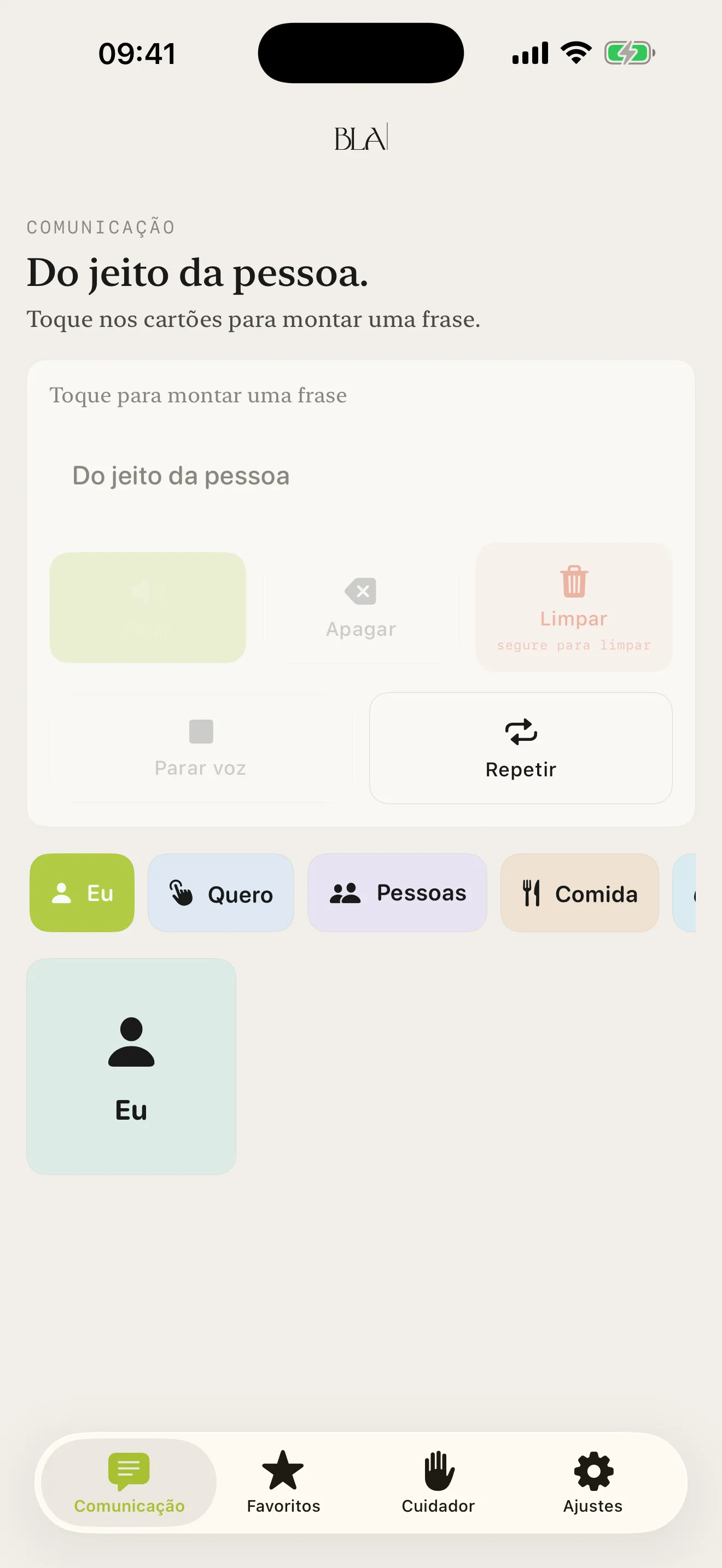CAA Brasileiro BLA: Tela principal de Comunicação. Cartões pastéis em grade, barra de frase no topo, abas inferiores.