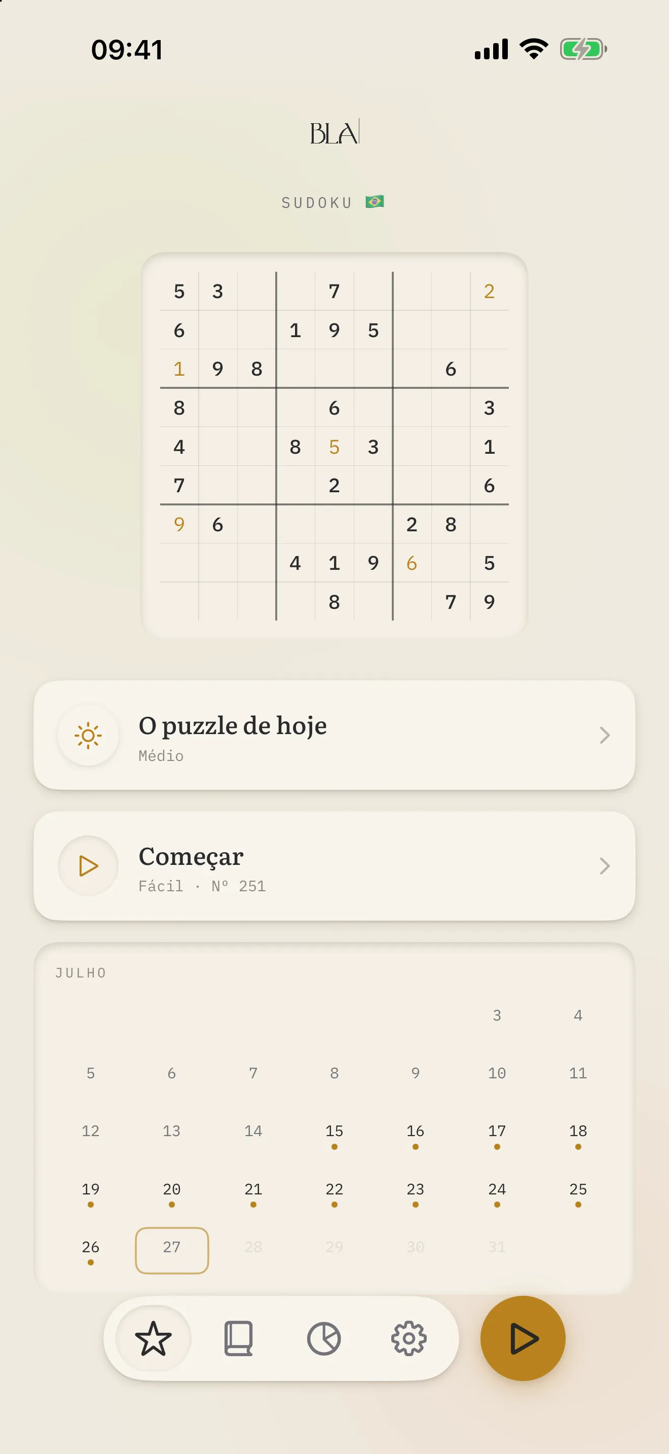 A aba Hoje, com a grade do dia, o calendário do mês e a sequência