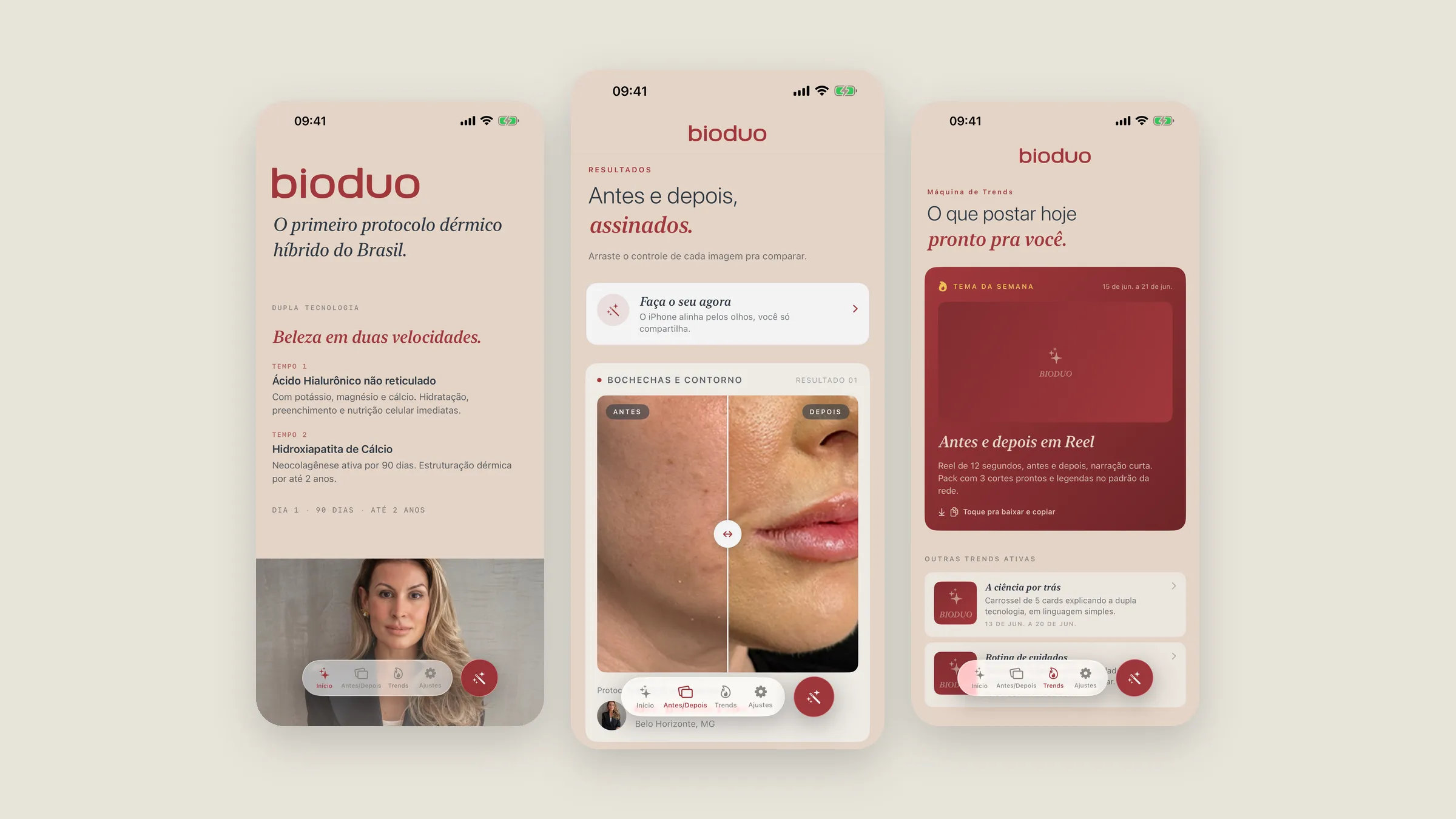 App BIODUO: telas de Início, Antes e Depois e Máquina de Trends.