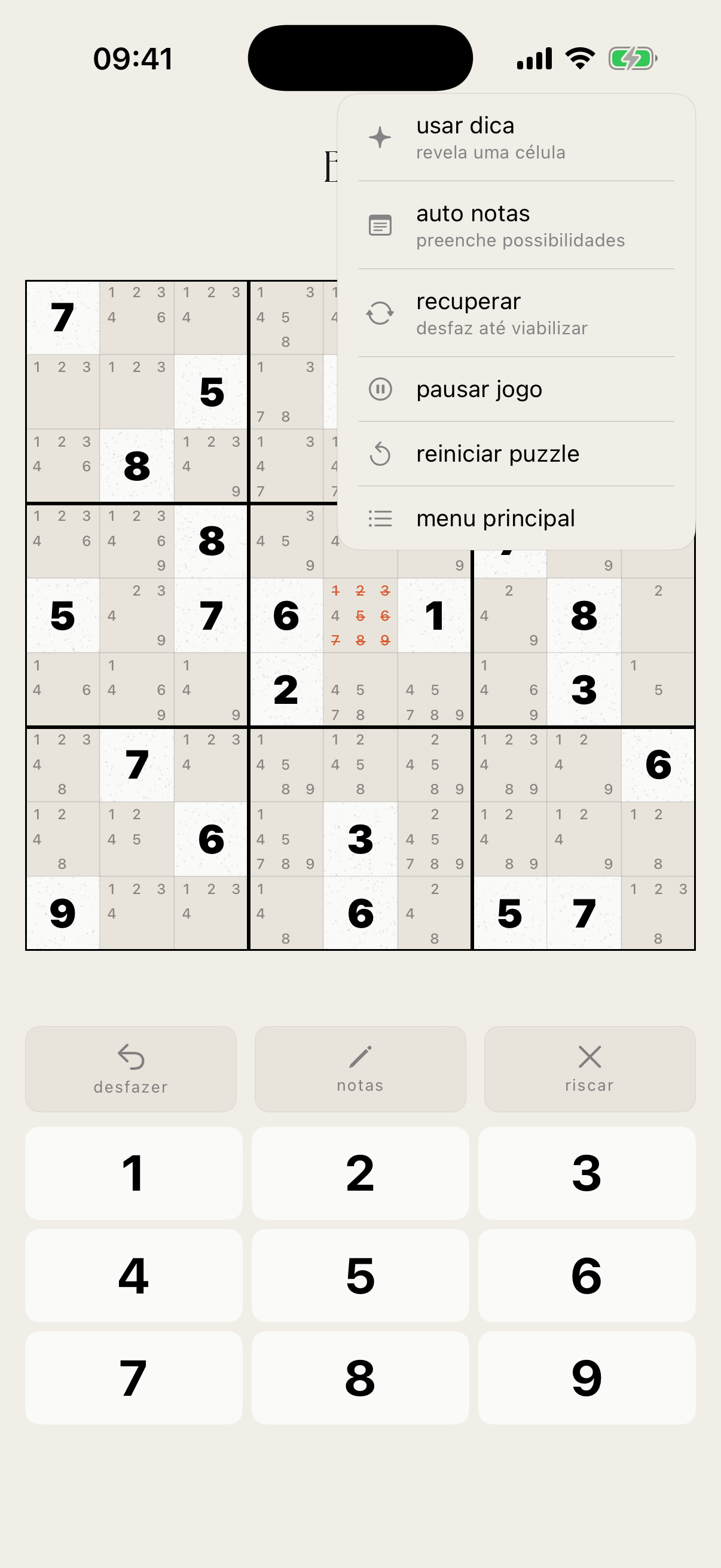 Menu de ações em jogo do Sudoku BLA: usar dica, auto notas, recuperar, pausar jogo, reiniciar puzzle, menu principal.