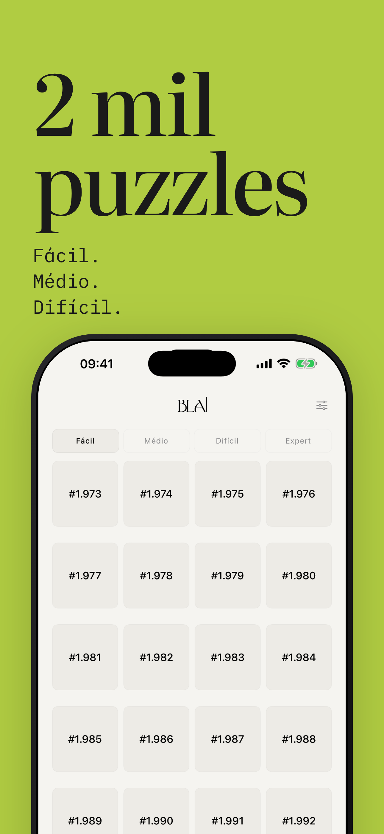 Tela do Sudoku BLA mostrando seleção de puzzles em diferentes níveis.