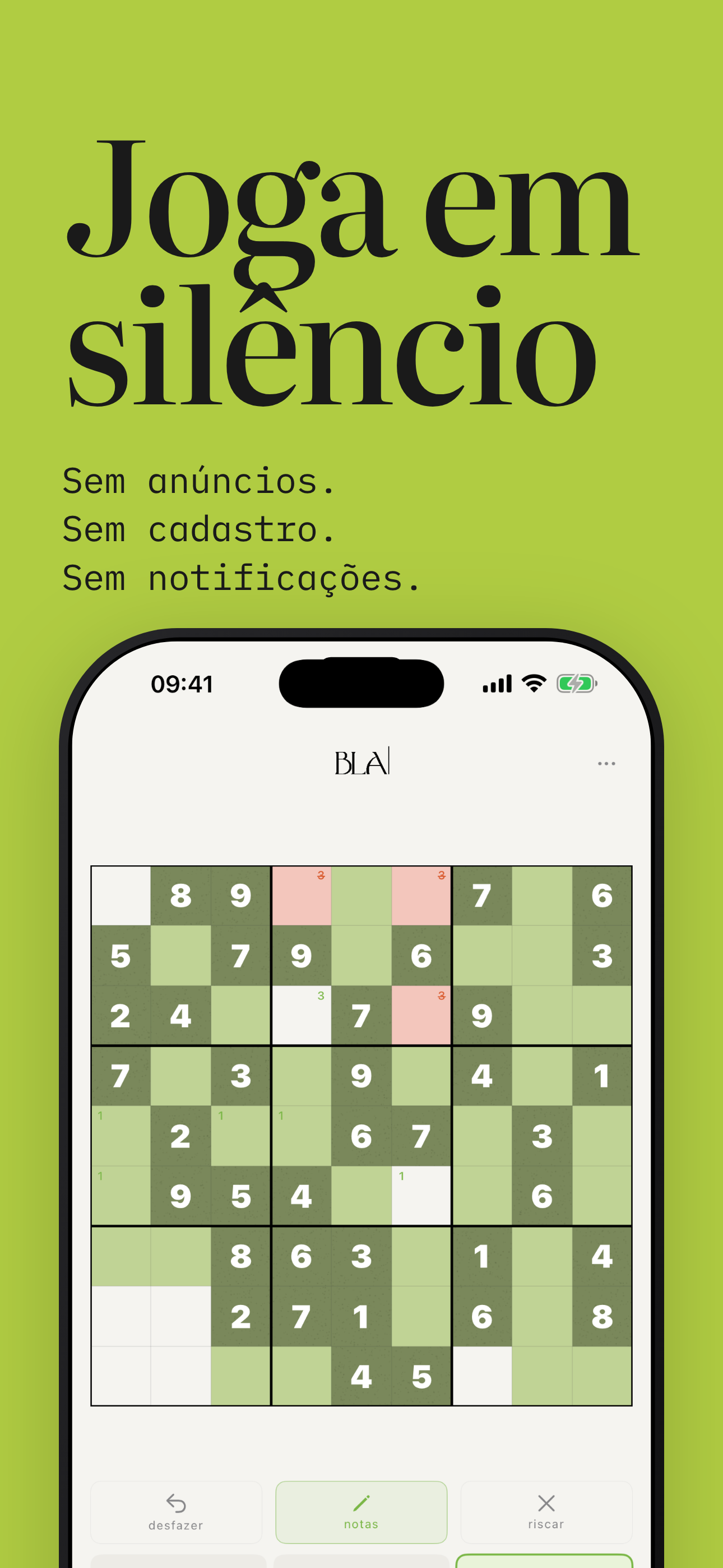 Tabuleiro do Sudoku BLA no tema Areia BLA, com algumas células preenchidas e outras vazias.