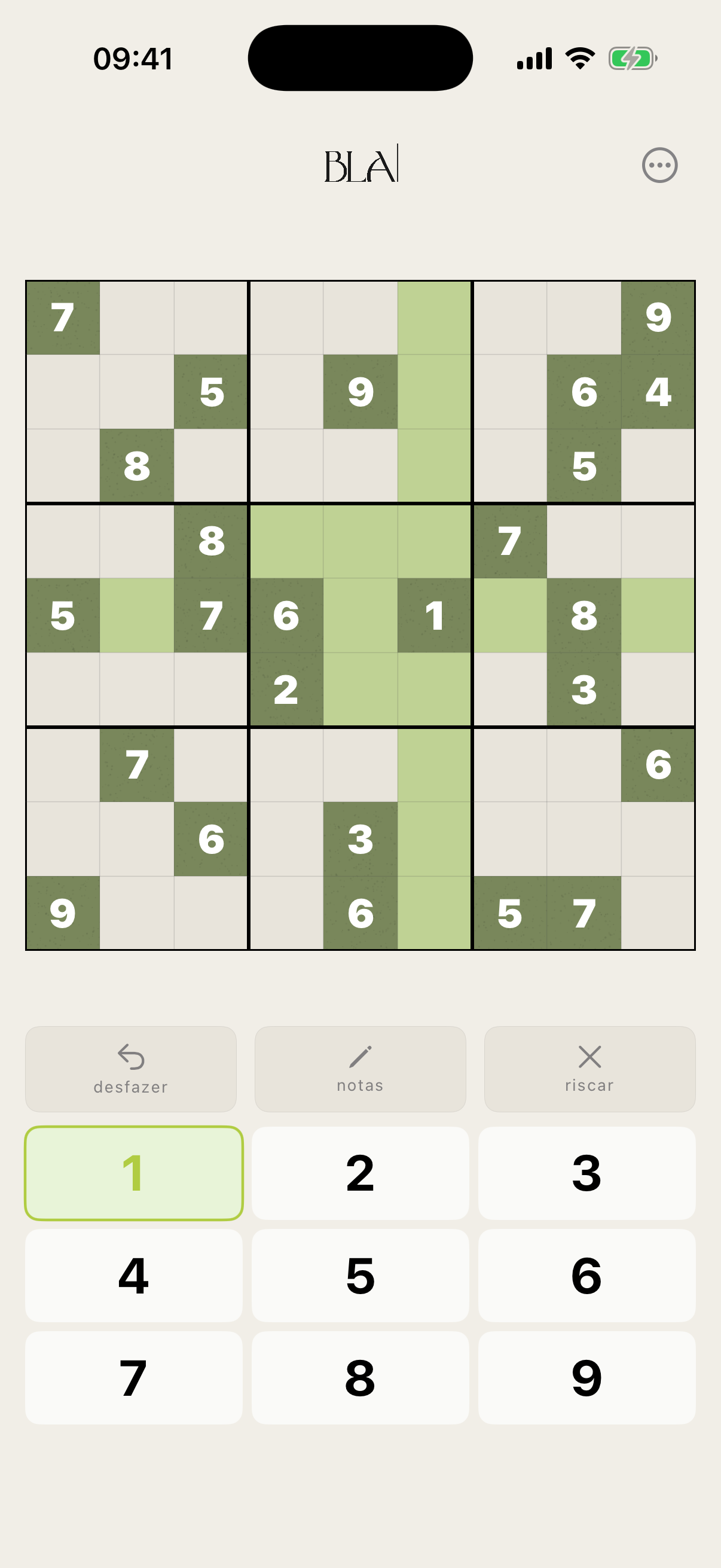 Tabuleiro do Sudoku BLA com célula contendo 1 selecionada, destacando linha, coluna e bloco em verde claro.