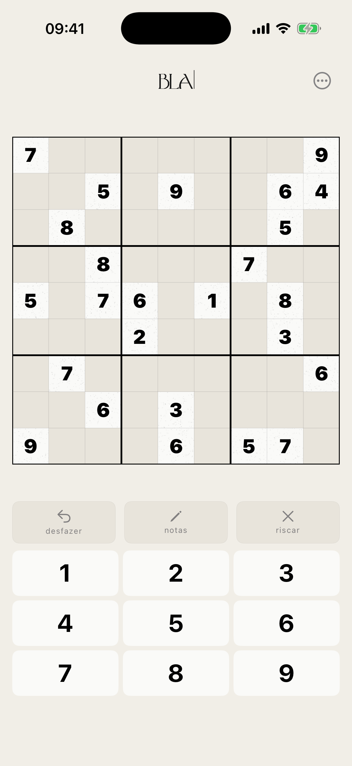 Tabuleiro do Sudoku BLA com pistas iniciais, sem destaque, no tema Areia BLA.