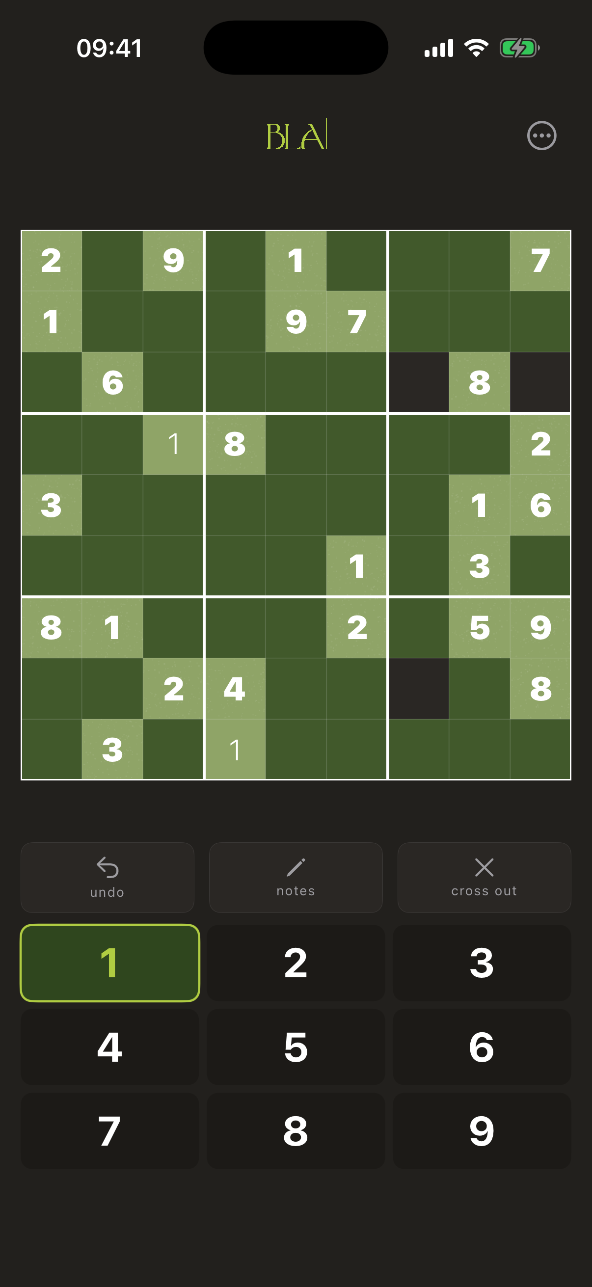 Tabuleiro do Sudoku BLA no tema Tinta, fundo verde-escuro quase preto, números brancos e logo BLA em verde claro.